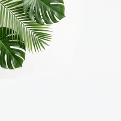 Lush tropical Monstera and palm leaves, flat lay corner frame on crisp white background. Fresh, minimalist design for summer, wellness, beauty, spa, travel, eco, and branding