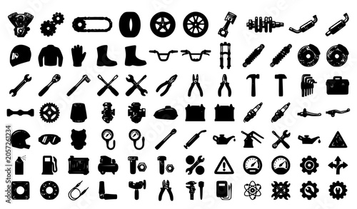 Motorcycle maintenance vector icon collection bike parts and repair tools