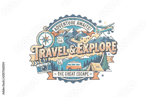 Foto Retro travel badge sticker with mountains, compass and adventure theme
