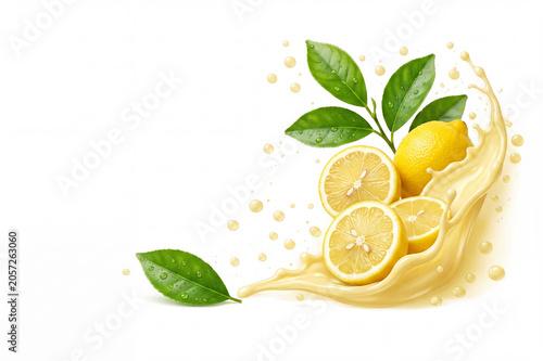 Fresh Lemons With Creamy Splash and Green Leaves