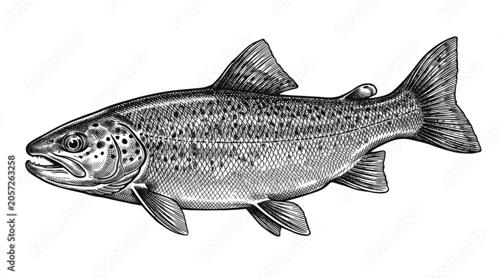 Obraz premium Hand Drawn Trout Ink Sketch in Vintage Cross Hatching Engraved Style
