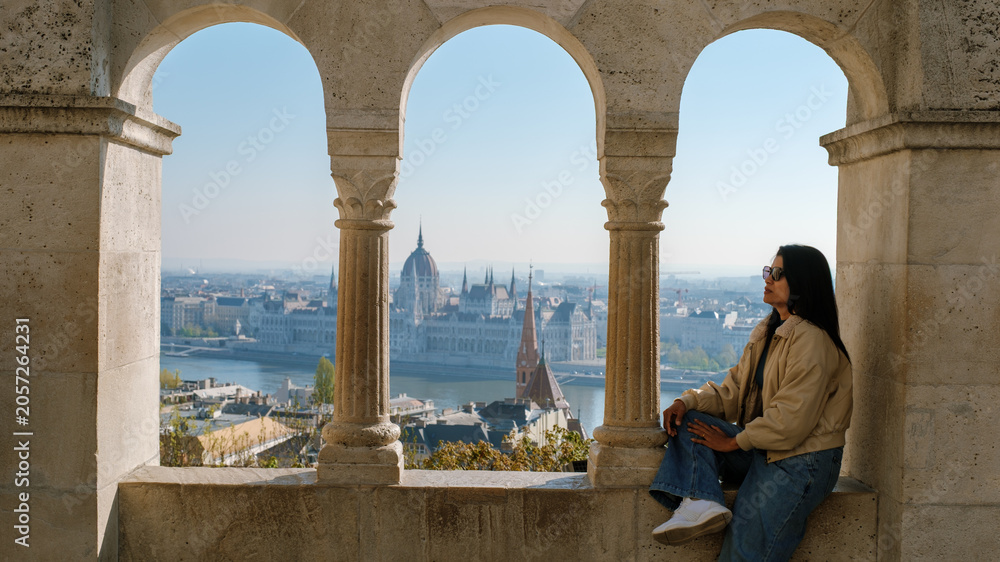 Fototapeta premium Enjoying the breathtaking view of Budapest from Fishermans Bastion with a stunning cityscape