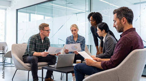 Fotografie Diverse business team reviewing charts and documents during a focused collaborative meeting in an office lounge