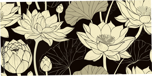 Fotografie Lotus Flowers And Leaves Detailed Vector Illustration With Brown Tones