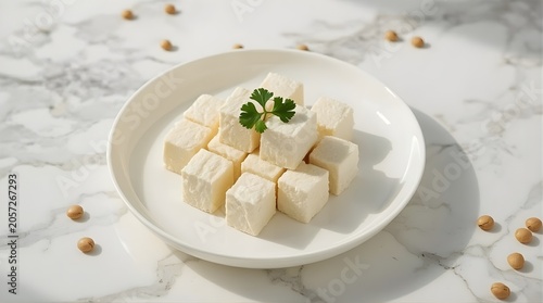Fresh cubed tofu on a white plate garnished with parsley on marble background.