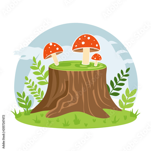 Cartoon mushroom house with red caps