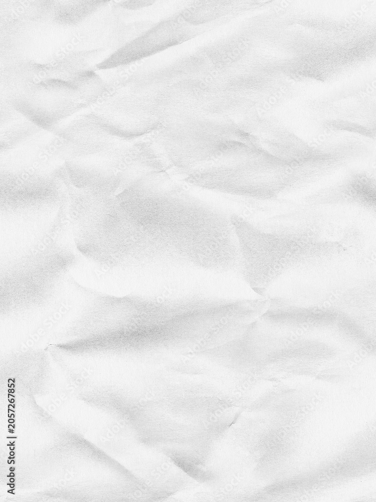 Obraz premium Crumpled white paper texture, abstract wrinkled sheet background, minimalist clean surface pattern for graphic design, web design, presentations, and artistic backdrops.