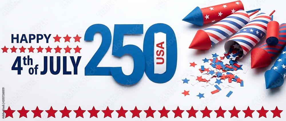 Fototapeta premium Happy 4th of July USA 250th anniversary celebration with fireworks and confetti on white background.