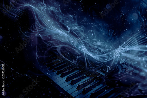 Vibrant music notes dance in abstract waves, evoking harmony and rhythm