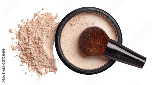 Loose face setting powder with cosmetic makeup brush and spilled beauty powder isolated for professional skincare and cosmetics advertising on white background