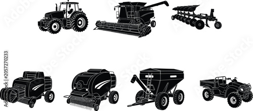Tableau sur toile Black silhouette vector collection of heavy agricultural machinery, including tr
