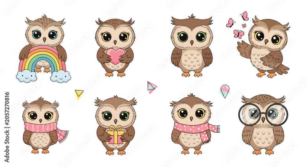Obraz premium Cute cartoon owl set with various accessories and expressions