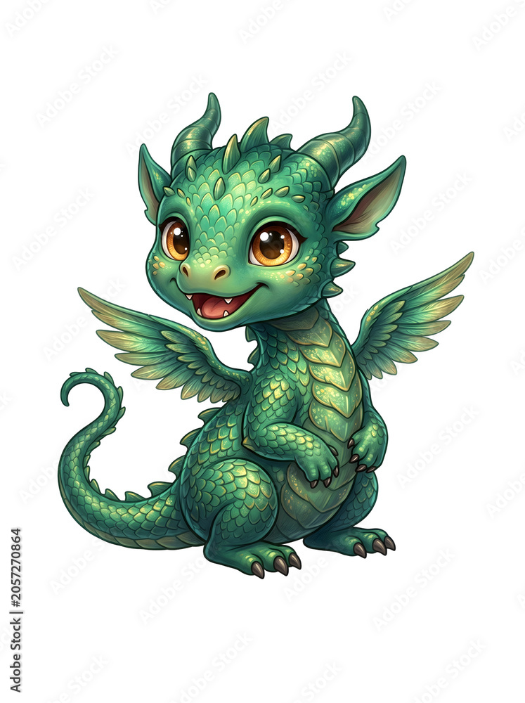 Fototapeta premium Cute Baby Dragon Fantasy Creature Cartoon Character Isolated Illustration