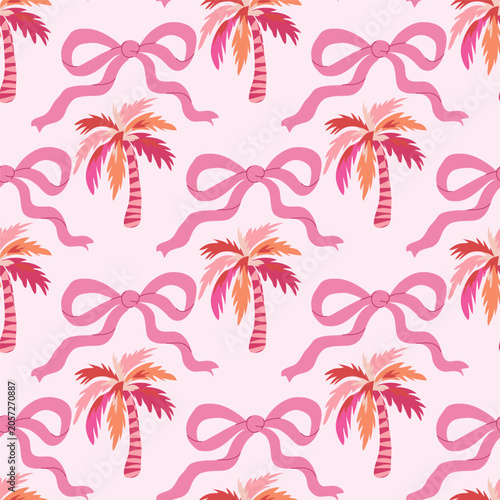 Tropical seamless pattern with palm trees, ribbons and bows Vector  cute design  cover illustration