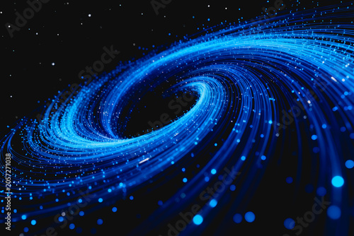 A swirling spiral-shaped galaxy made of luminous blue particles, set against a dark star-filled deep space background.
