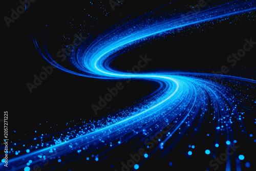 Dynamic glowing blue light streams with particles curve across a dark backdrop, forming a futuristic abstract digital visual.