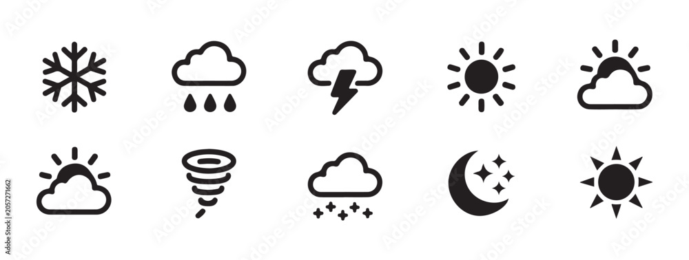 Obraz premium Set of ten diverse weather condition icons including storm sun and snow on transparent background.