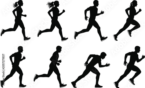 Billede på lærred Silhouette illustration of male and female runners in stride sequence showing bi