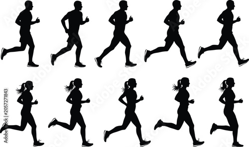 Tablou pe pânză Silhouette illustration of male and female runners in stride sequence showing dy