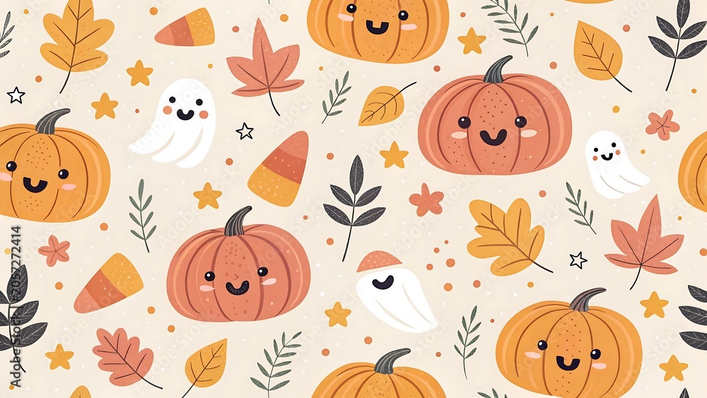 Obraz premium Halloween themed pumpkins ghosts leaves and candy illustration pattern design