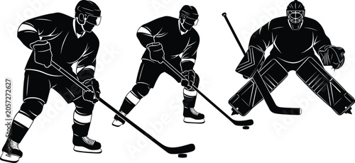Tableau sur toile Silhouettes of ice hockey players skating, controlling puck, and goalie defendin