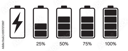 Tableau sur toile Battery level indicators set with percentage labels showing charging status for various user devices
