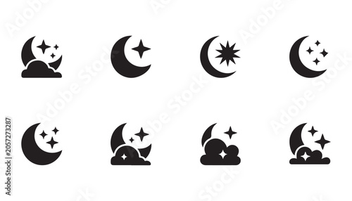 Moon and star night sky icons set crescent moon with stars and clouds on transparent background.
