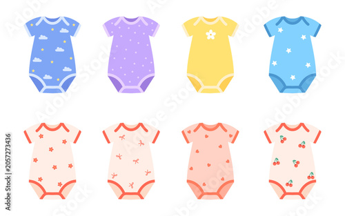 Set of colorful baby dresses with floral, cherry, and polka dot prints. Fashion clipart collection.