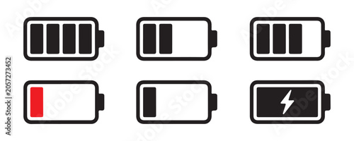 Photography Horizontal battery life icons showing charge states and red low energy warning for device interfaces