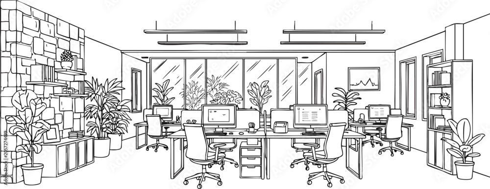 Obraz premium Modern minimalist office space with large floor-to-ceiling windows showcasing urban skyline views, concept for corporate design, workspace inspiration, and professional business environments
