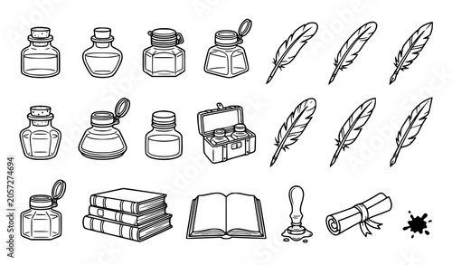 фотографія Quill pen and inkwell outline icon collection with vintage writing symbols