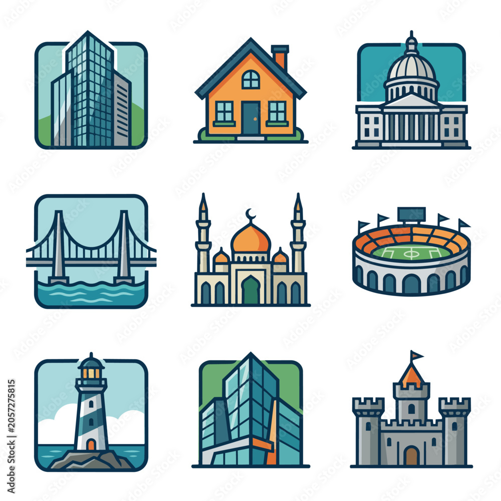 Fototapeta premium Collection of diverse architectural building icons representing different structures.