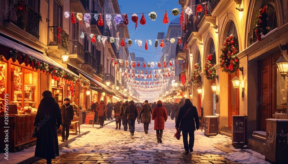 Obraz premium Festive street scene with crowds, snow, and Christmas decorations at dusk
