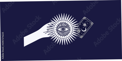 Obraz na płótnie Hand Holding Tarot Card With Eye Symbol White Line Art Illustration