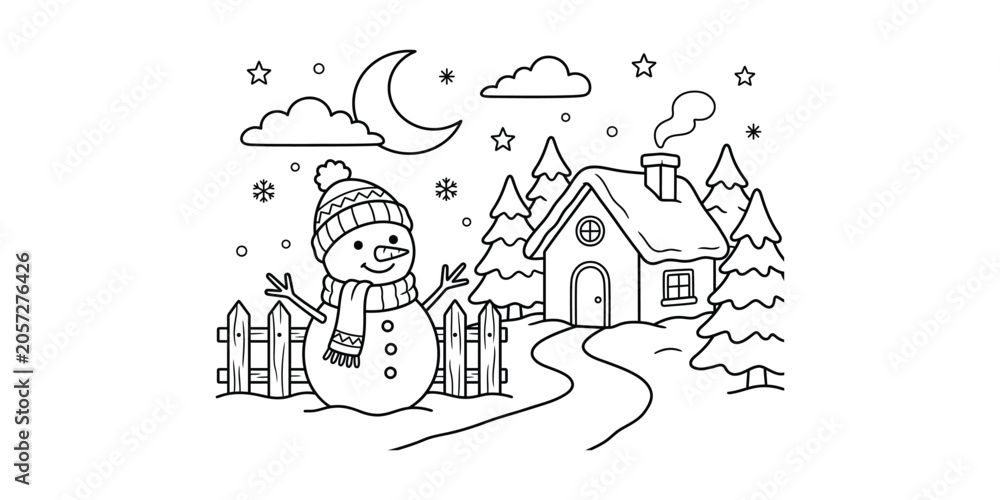 Obraz premium A cheerful snowman in a winter wonderland scene with a house and trees