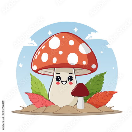 Red cartoon mushroom with umbrella in autumn forest