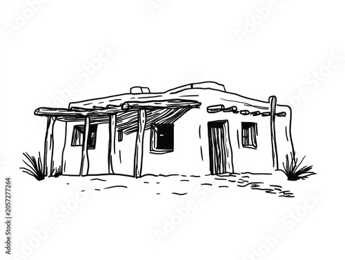 Black and white illustration of a southwestern-style dwelling with porch and detailed texture