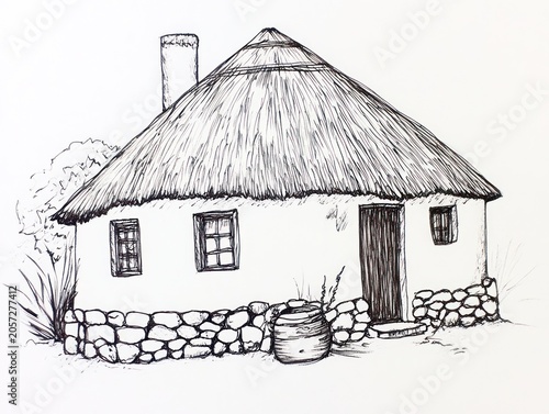 Hand-drawn cottage with thatched roof, stonework, and barrel