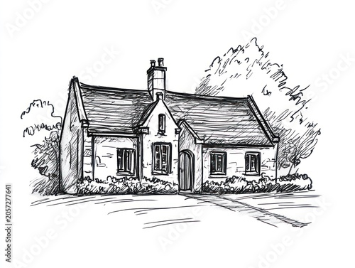 Hand-drawn cottage scene with trees, stone facade, and chimney on a white background