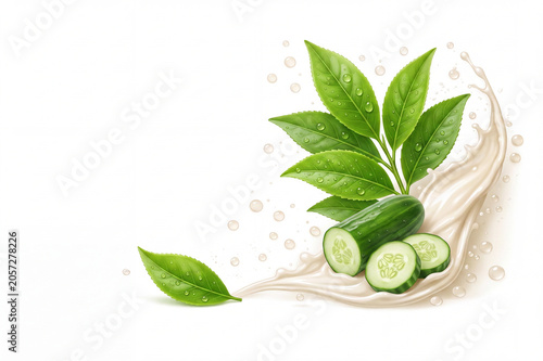 Cucumber Slices And Green Leaves Cream Splash