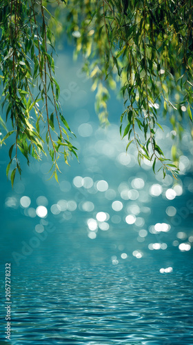 Serene natural scene featuring willow branches with light reflecting on calm blue water, creating peaceful and soothing atmosphere