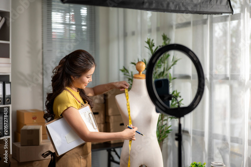 Female fashion entrepreneur measuring clothes design on mannequin