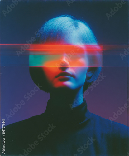 Futuristic portrait digital glitch effect short hair blue hair neon light abstract face modern art cyberpunk style mysterious expression dark