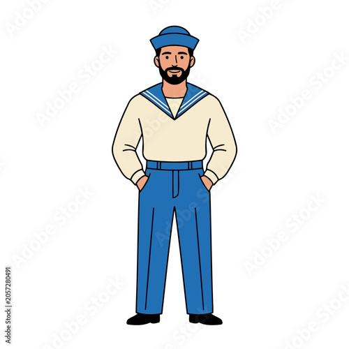 Photos A male bearded boatswain wearing sailor uniform, flat vector modern illustration