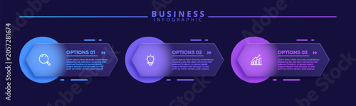 Business infographic template with three horizontal glassmorphism banners on a dark background featuring icons for search, ideas, and growth with numbered step options.