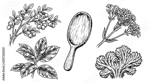 Canvas Print Vintage botanical herb sketches, hand drawn medicinal plants and wooden spoon ve