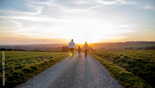 Family walking hand in hand through countryside path at sunset, authentic connection