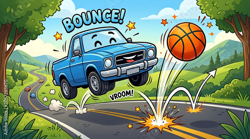 Fun cartoon truck bouncing on road with basketball