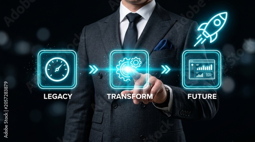 Business professional touching transform digital interface with legacy and future technology icons