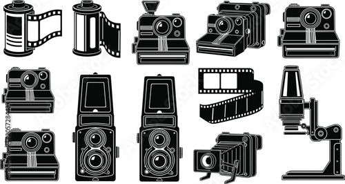 Canvastavla Retro Film Photography Vector Icon Set with Vintage Cameras Analog Film Rolls Tw
